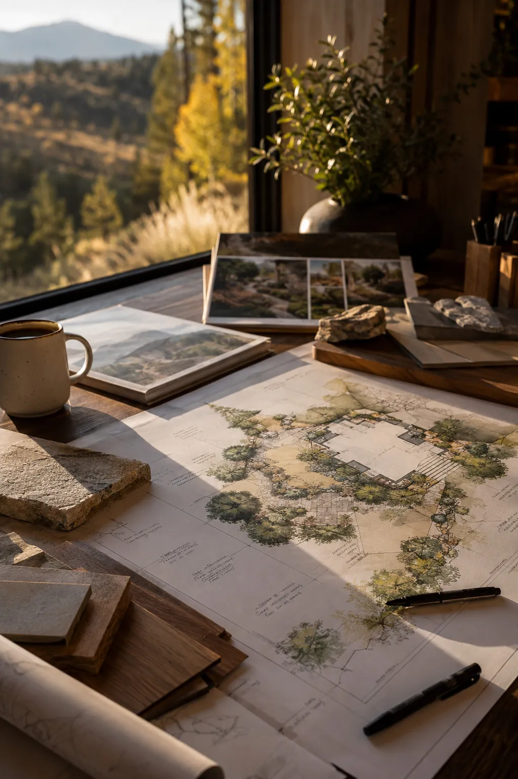 A hand-drawn landscape master plan on the studio drafting table, surrounded by stone and wood samples, with the foothills in evening light beyond the window