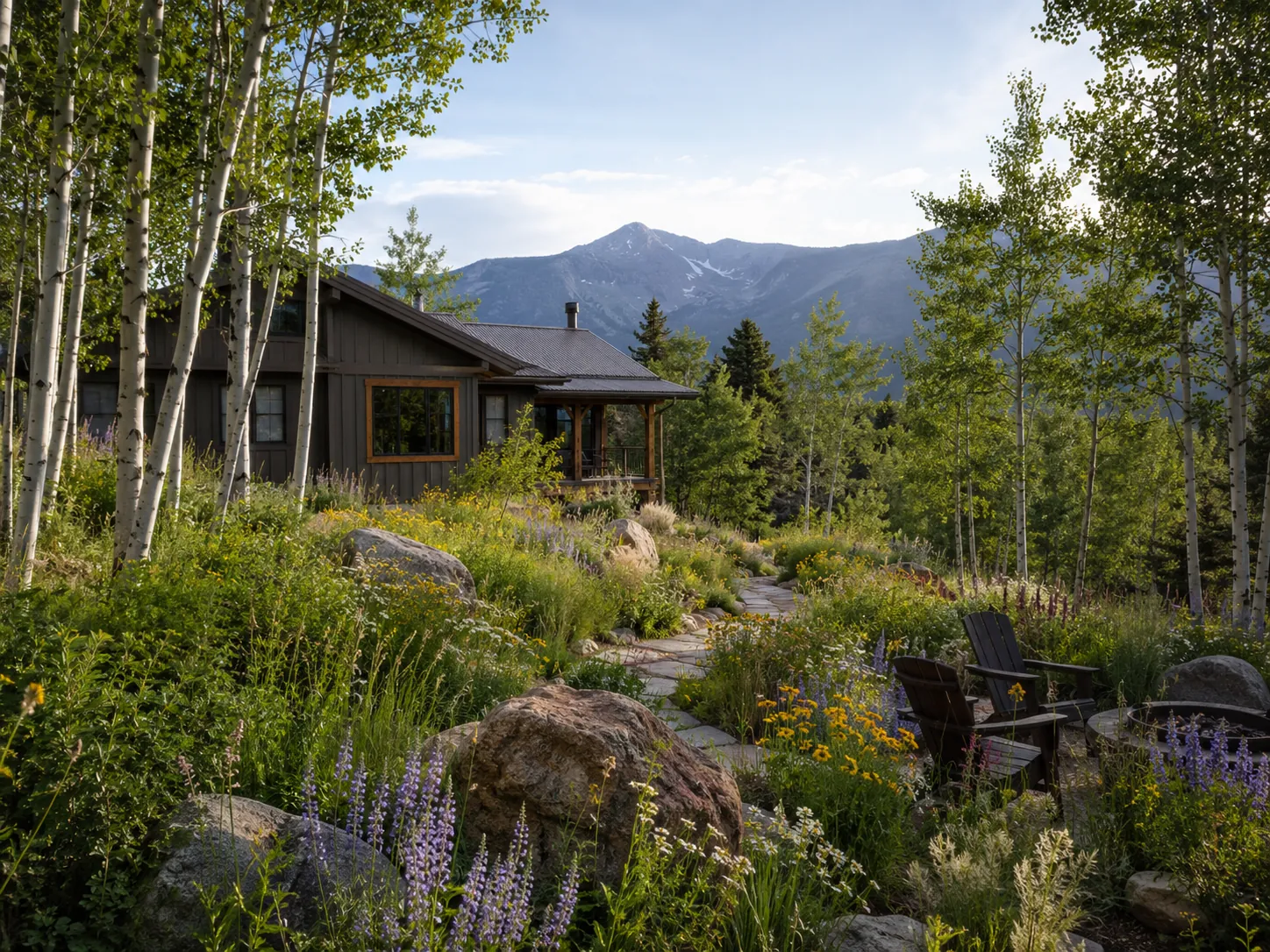 Aspen grove and wildflower meadow with boulders and a flagstone path beside a timber cabin, mountain peak beyond