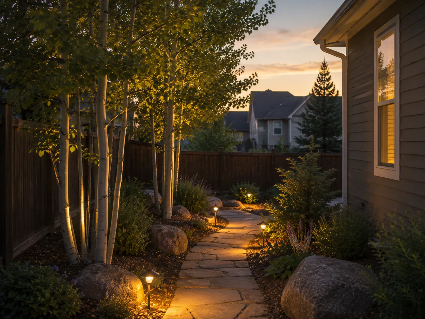 Uplit aspen trunks and low path lights along a flagstone walk at dusk