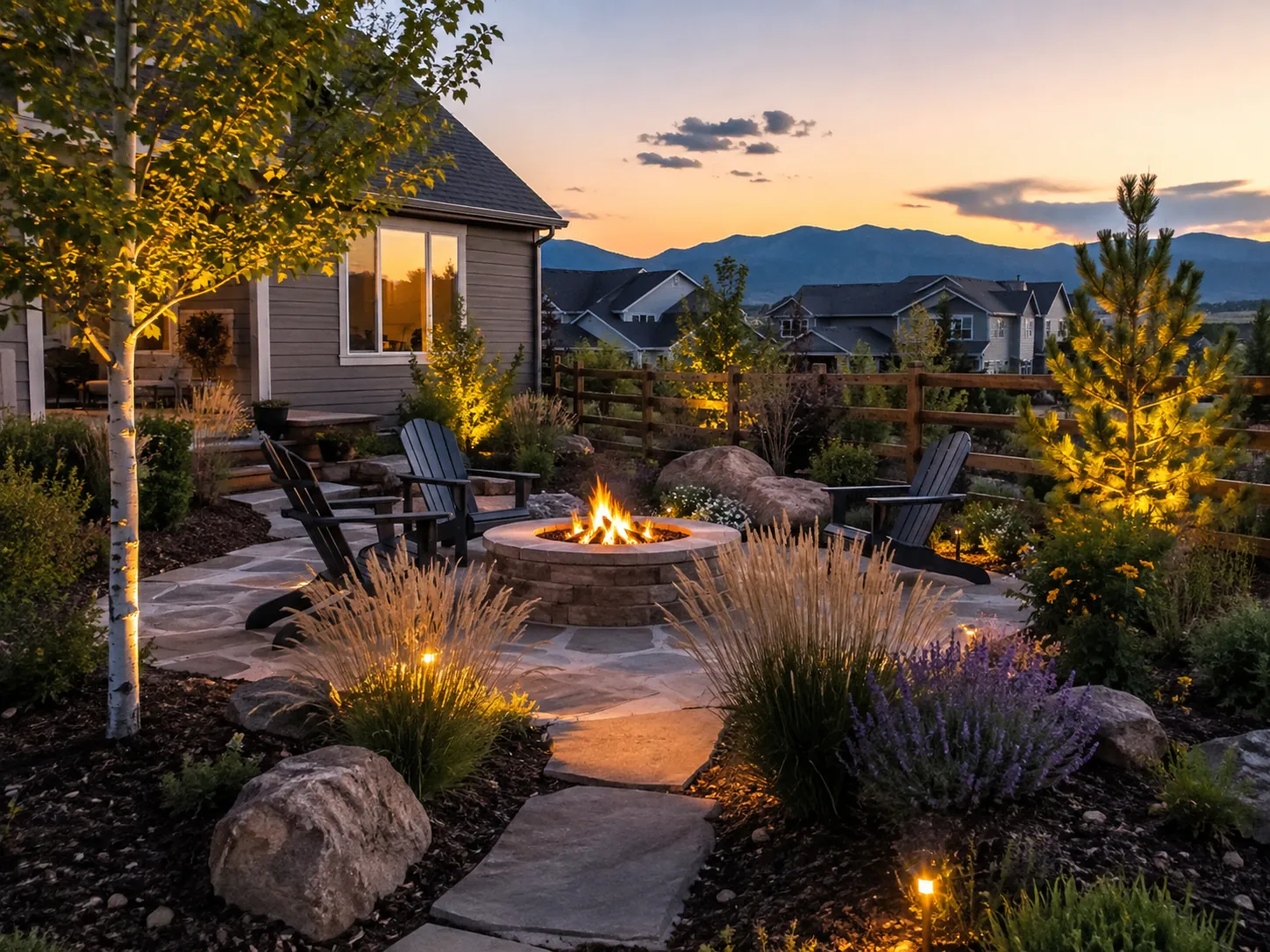 Backyard fire pit circle with backlit grasses and a mountain sunset