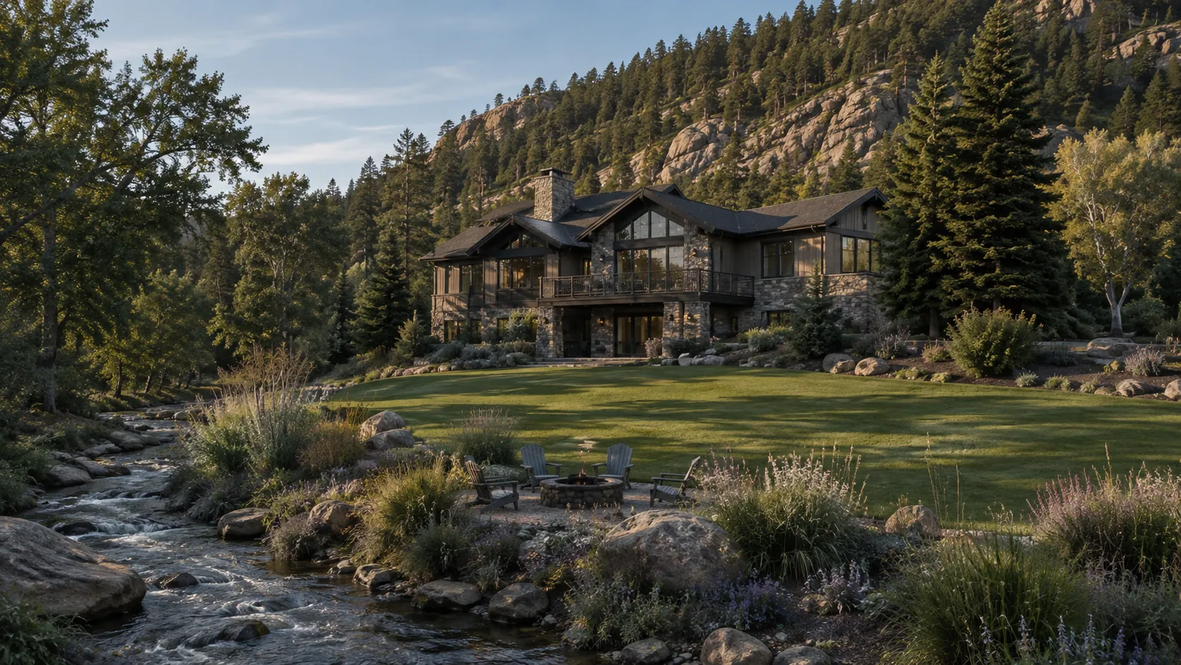Mountain creek flowing past boulder-edged perennial borders and a lawn below a stone-and-timber home