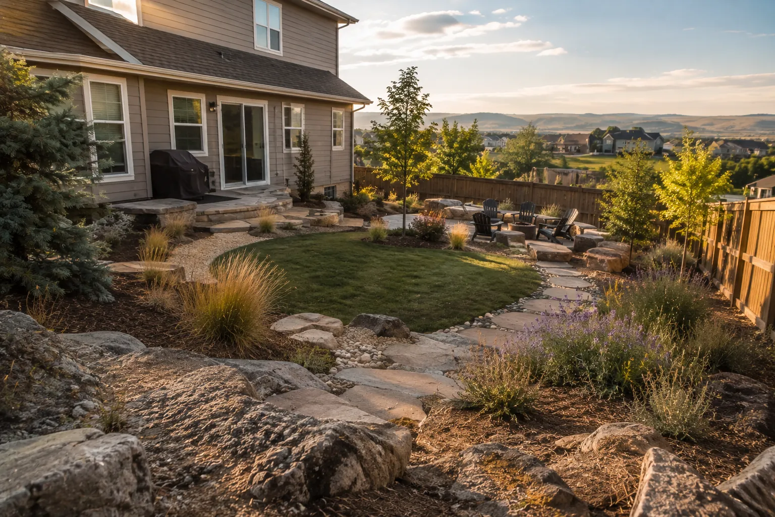 Evening light crossing a hillside backyard of lawn, stepping stones, boulders, and grasses, foothills beyond
