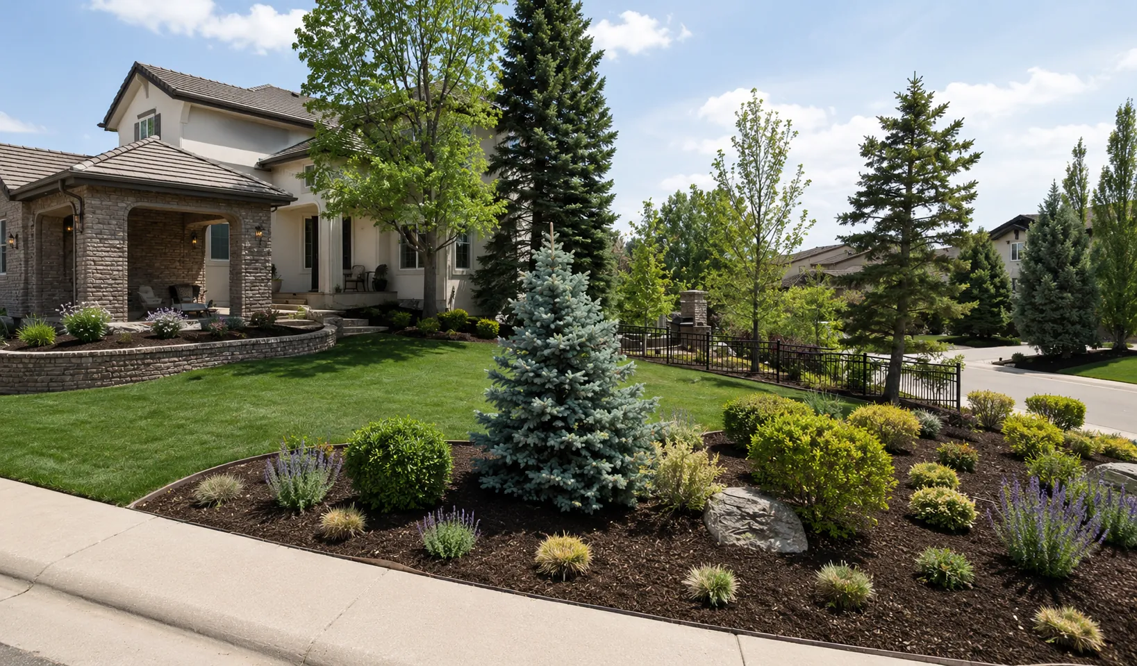 Freshly planted front-yard beds — a young blue spruce, shrubs, and perennials in dark mulch beside a crisp lawn