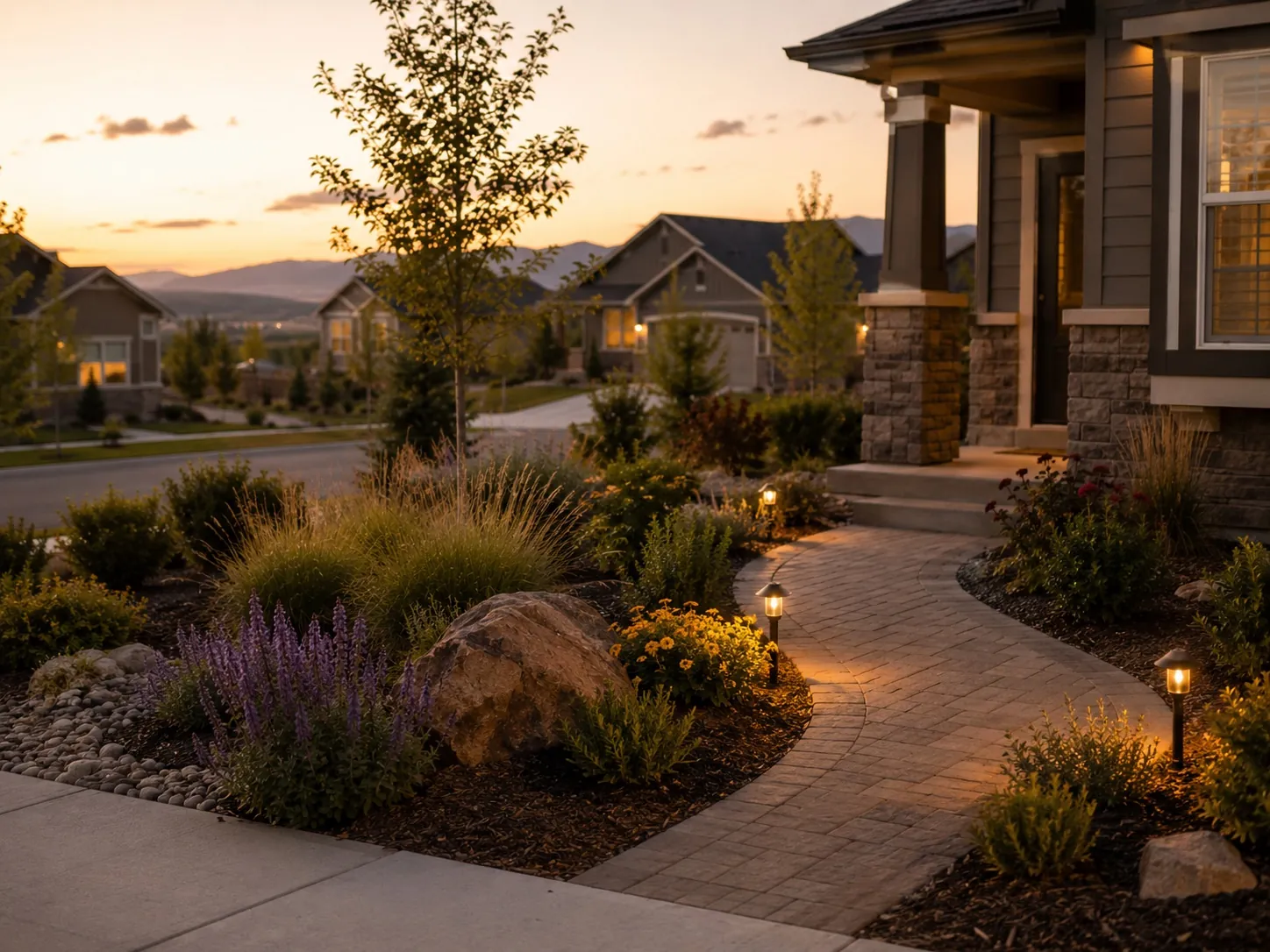 Layered border of salvia, blanketflower, and native grasses around a boulder at dusk