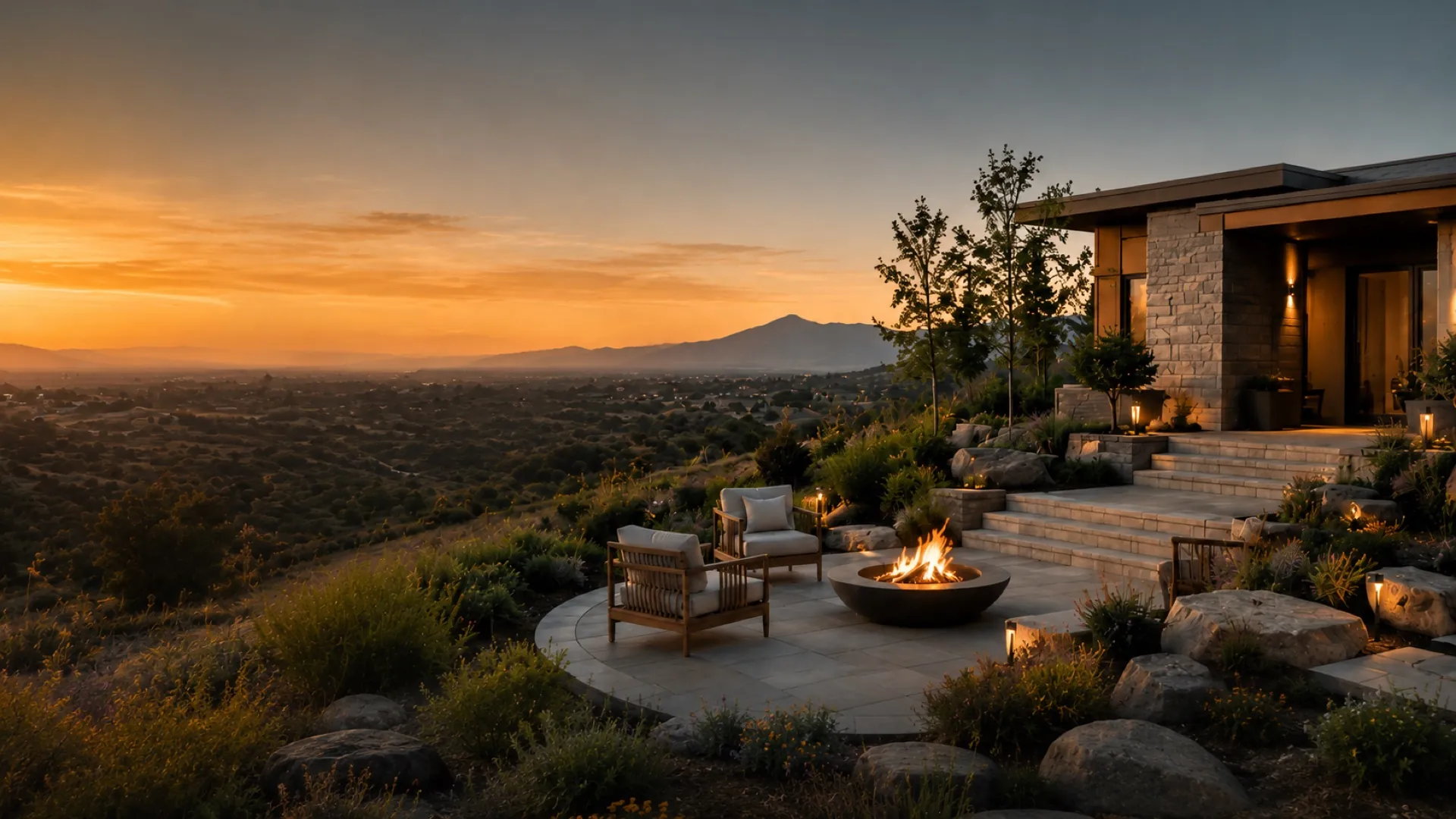 Fire bowl and lounge seating on a stone terrace overlooking a valley at sunset
