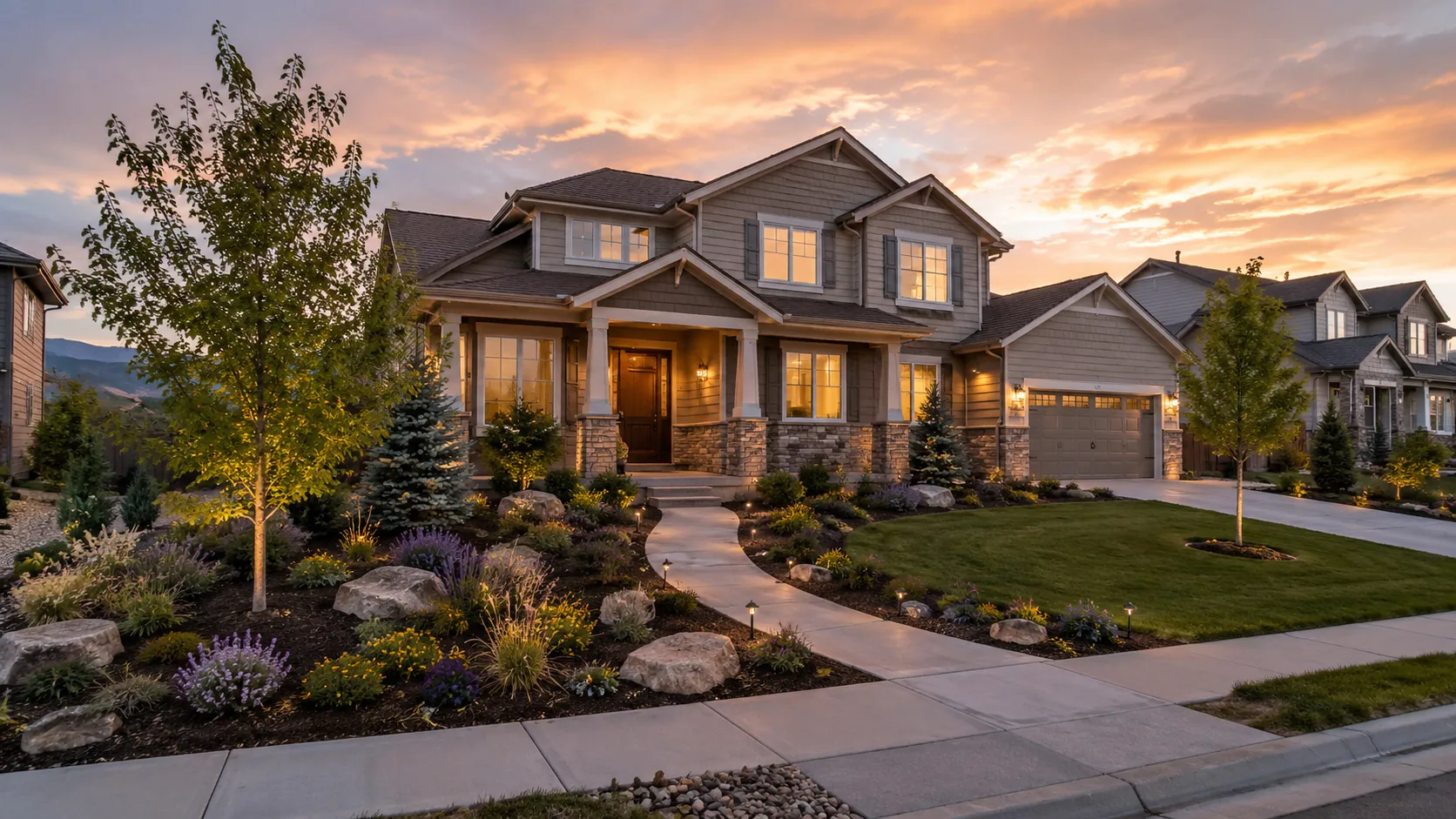 Craftsman home in Highlands Ranch with landscaped front yard and path lighting at dusk