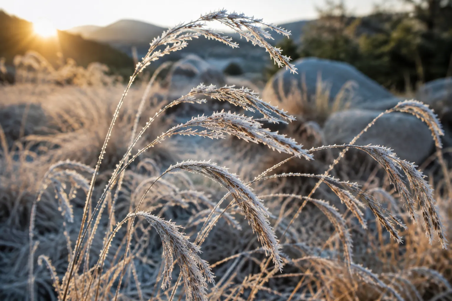 Hoarfrost coating arched grass seedheads backlit by low morning sun, frosted boulders behind