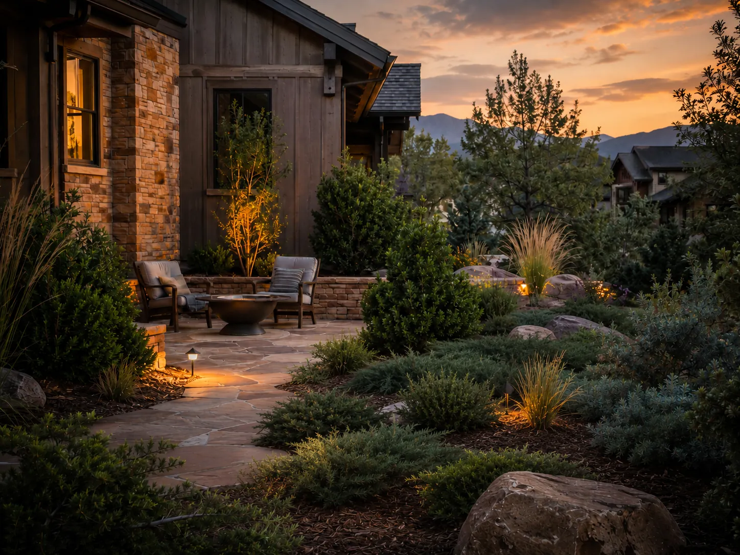 Flagstone terrace and fire bowl set among juniper masses, boulders, and low stone walls at sunset