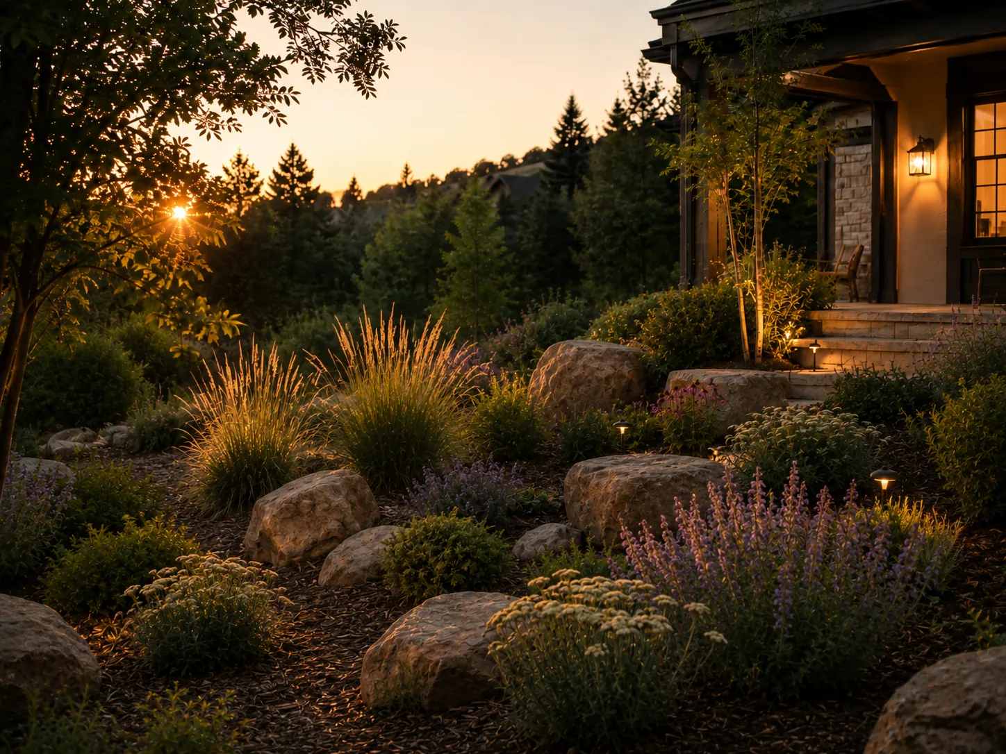 Drifts of salvia and catmint, gold yarrow, and backlit grasses among boulders at sunset