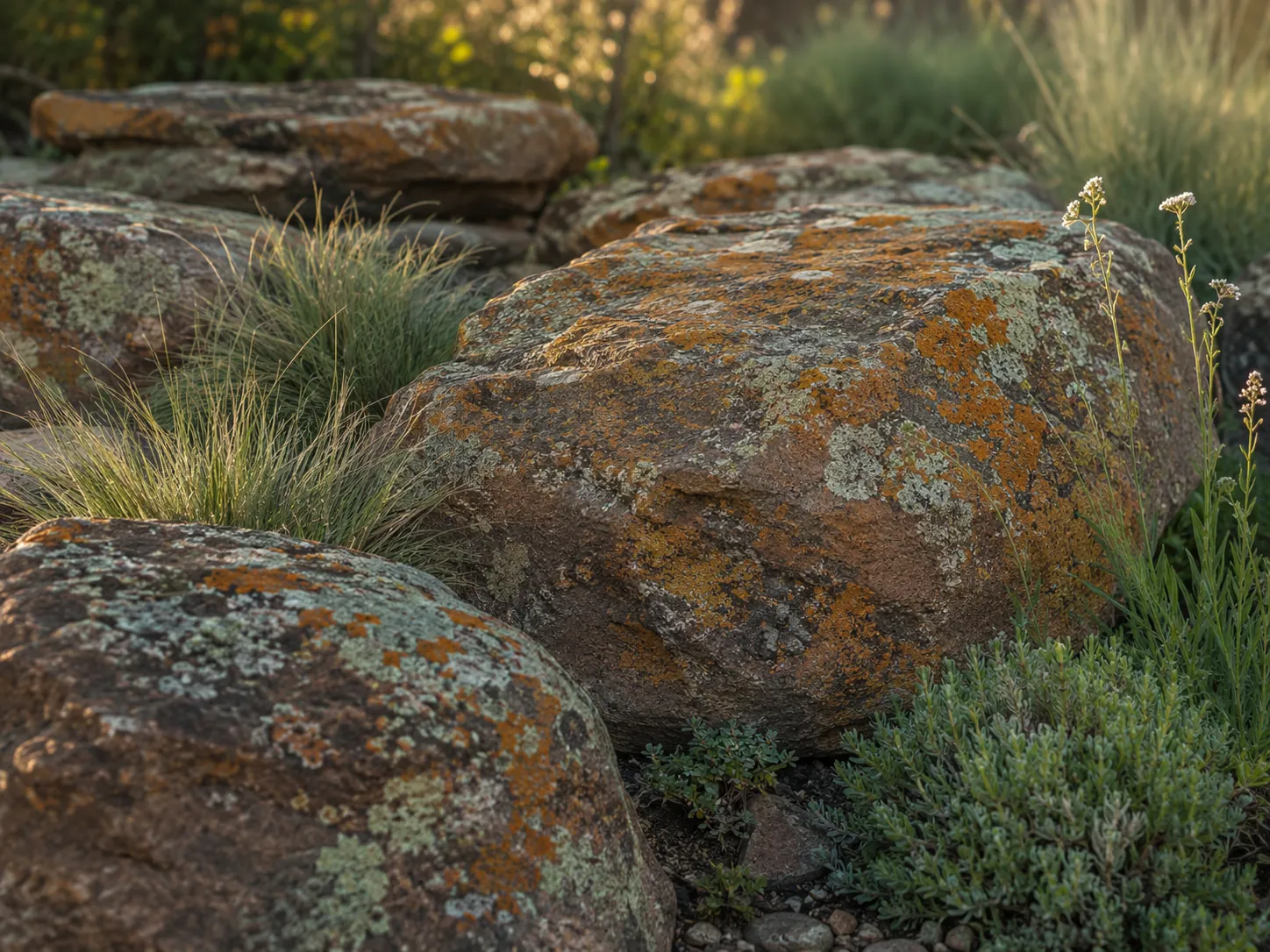 Weathered sandstone boulders covered in sage, ochre, and orange lichen, set among native grasses