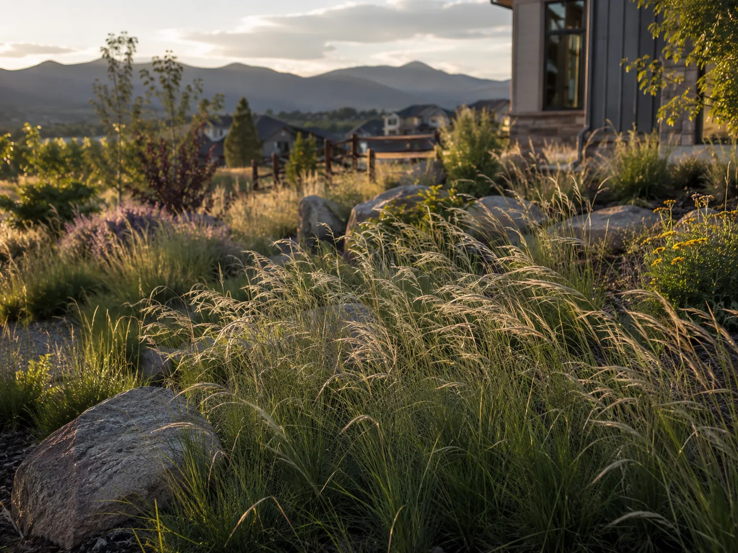 Backlit native grasses and boulders in a meadow planting, with sage, yarrow, and foothills beyond