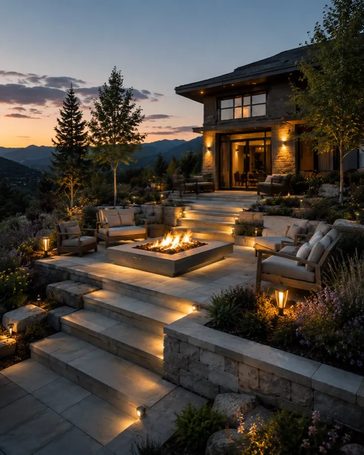 Terraced fire pit lounge with layered plantings and landscape lighting