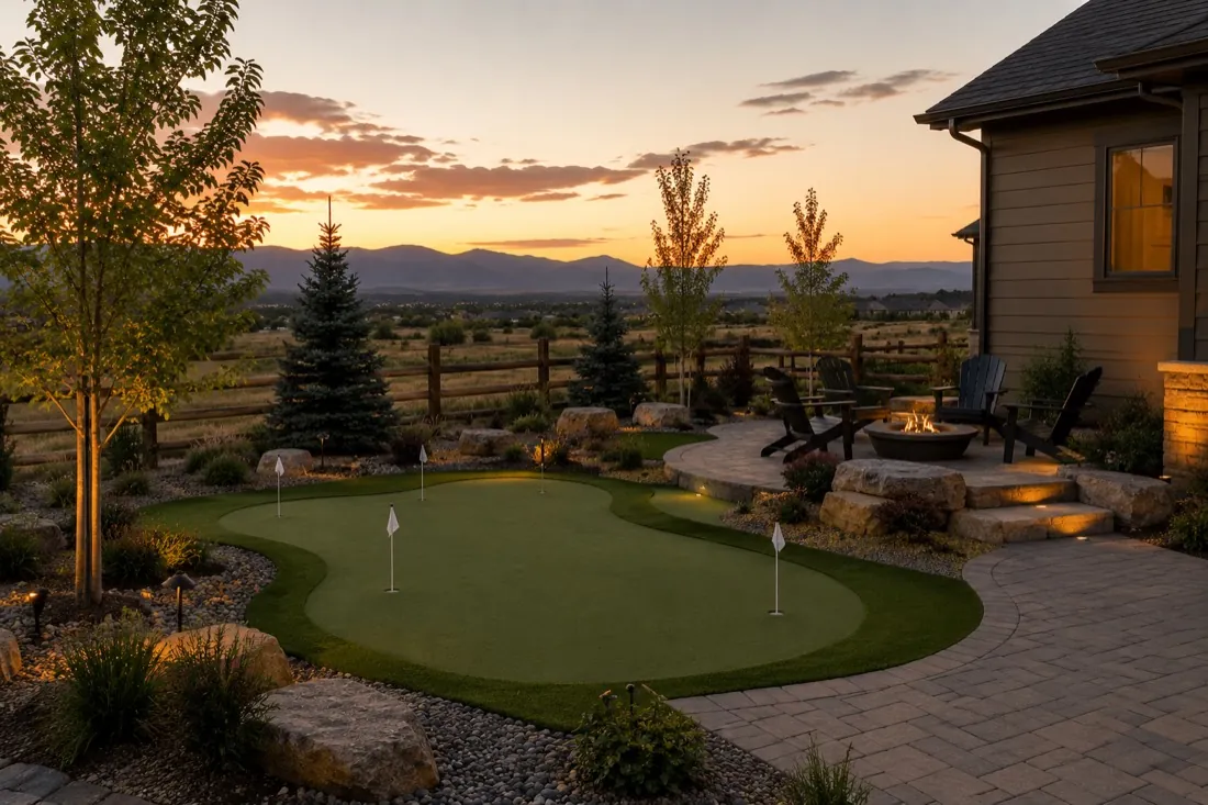 Backyard putting green and paver terrace with a fire bowl at sunset