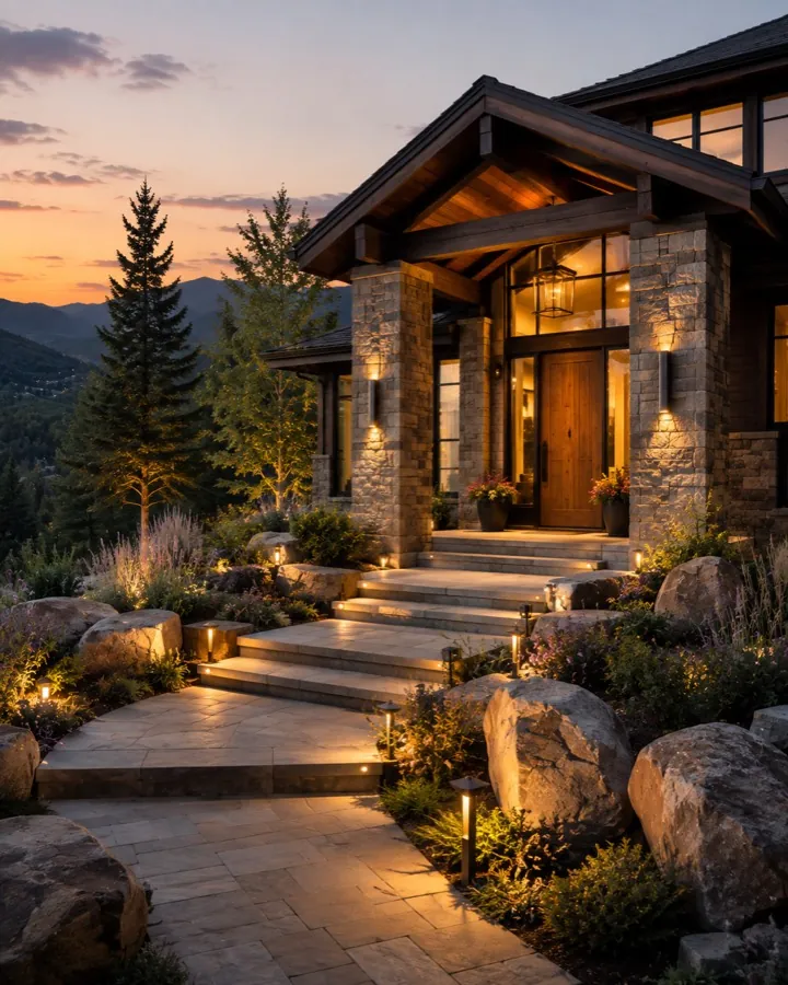 Lit stone entry walk and steps rising to the front door at dusk