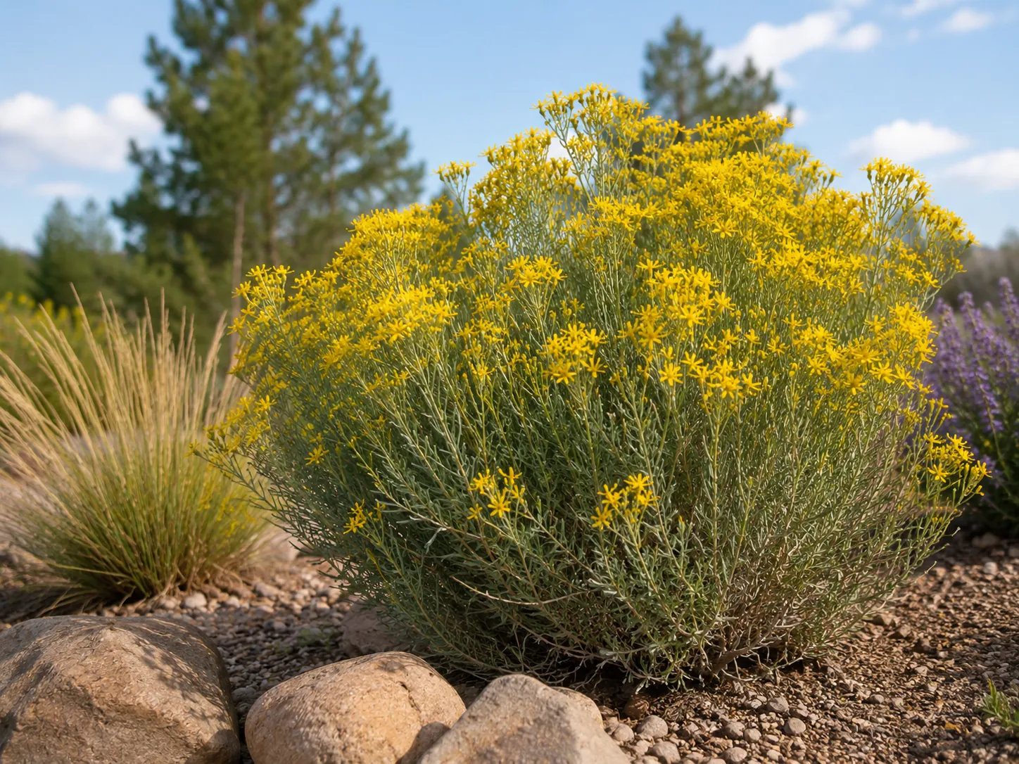 Rabbitbrush in full gold bloom among boulders and gravel mulch, pines behind