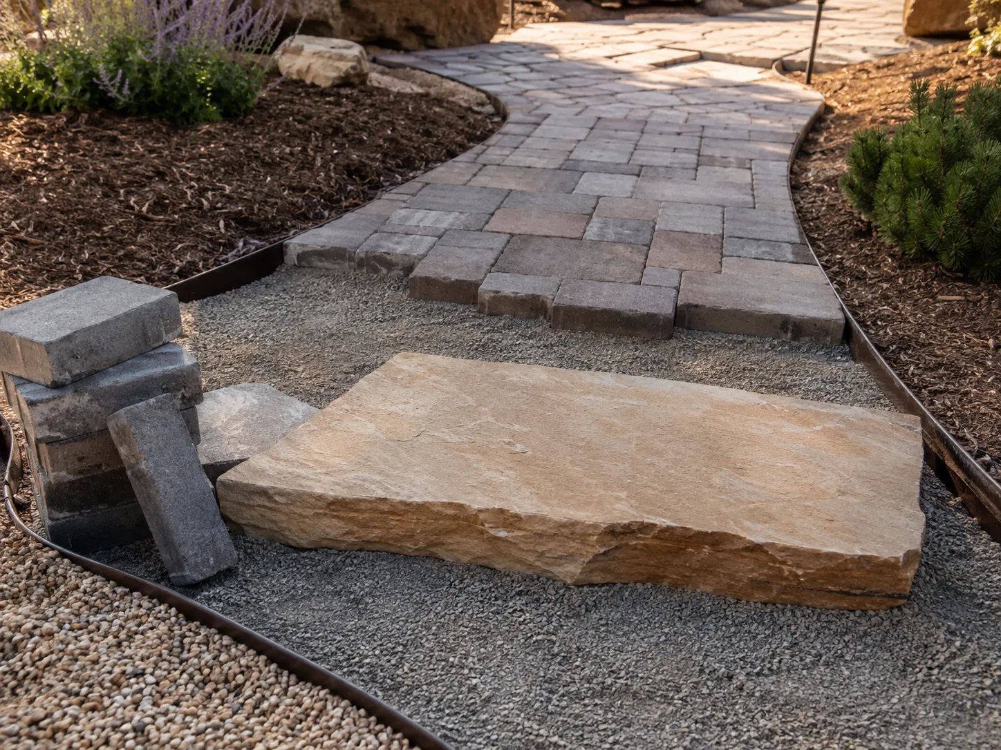 A full-thickness sandstone tread resting on compacted gravel base beside a half-laid paver path