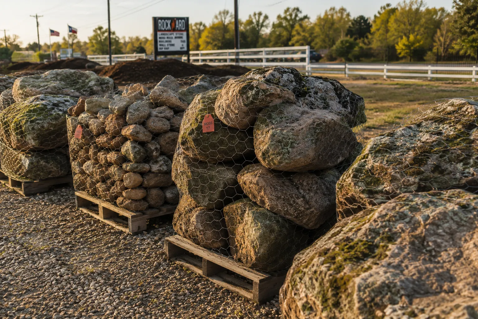 Tagged pallets of moss rock boulders in wire cages at the stone yard in evening light