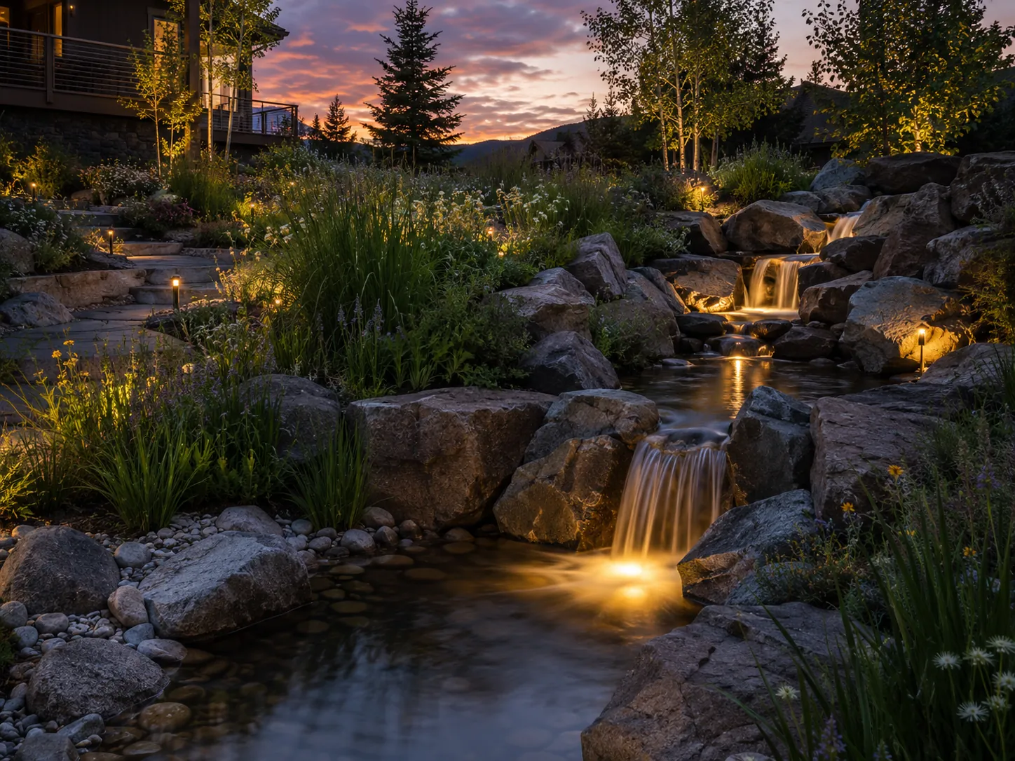 Boulder stream with softly lit cascades winding through a wildflower meadow at dusk
