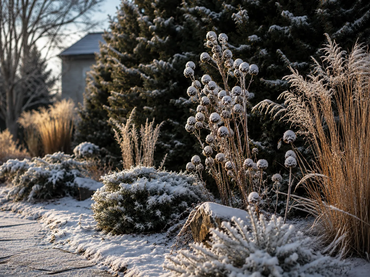 Snow-capped seedheads and copper grasses against a dark evergreen hedge in morning light